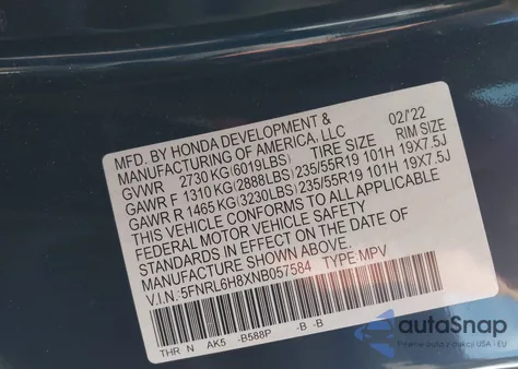 2022 Honda Odyssey Touring z USA, uszkodzony, nr VIN 5FNRL6H8XNB057584